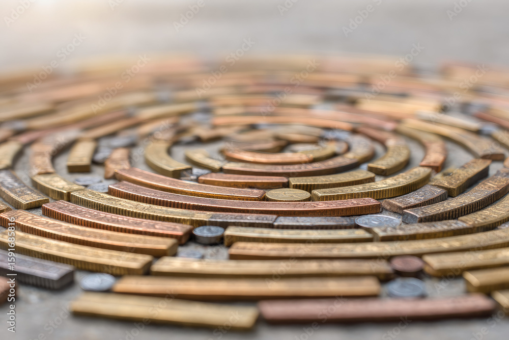 Aufkleber spiral of assorted coins arranged in concentric circles on smooth surface, creating pattern with met