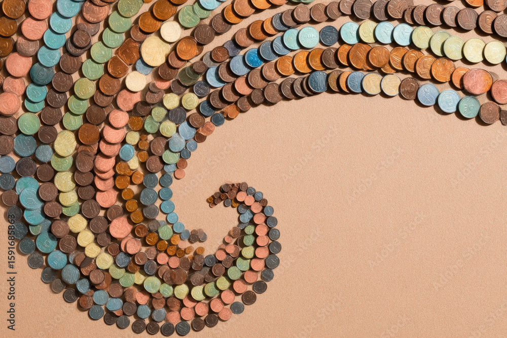 Aufkleber spiral of assorted coins in various colors and sizes arranged on soft beige background, creating dyn