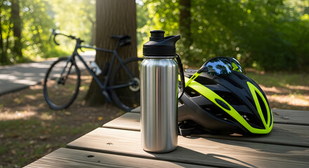 Silver water bottle and cycling helmet rest on a park bench beside a bicycle.