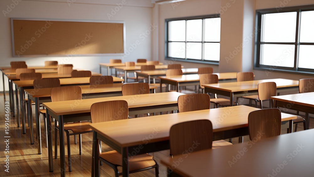 Poster empty classroom filled with desks and chairs, bathed in soft sunlight streaming through windows.