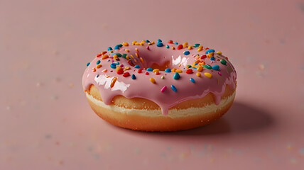 Pink Glazed Donut with Colorful Sprinkles on Soft Pink Background