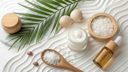 Natural skincare products with palm leaf and sea salt