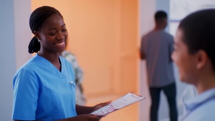 Friendly African American Nurse Discussing Medical Information with Patients in Hospital - Powered by Adobe