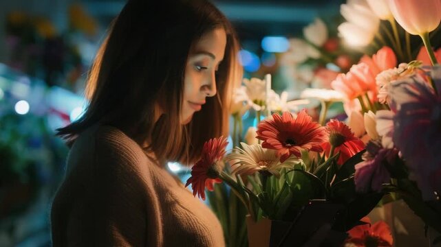 A close-up shot of a woman gazing at a colorful arrangement of flowers, possibly preparing for a special occasion or simply appreciating nature's beauty