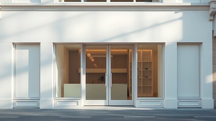 Minimalist pastel-colored storefront with clean architectural lines under soft daylight.