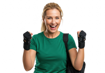 A joyful woman in gym attire celebrates with clenched fists raised, isolated on a transparent background