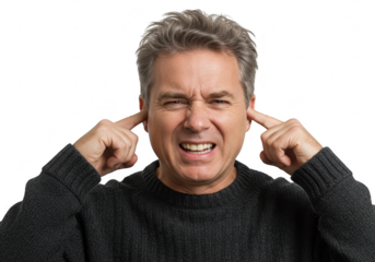 A man with a distressed expression covers his ears with his fingers, blocking out noise, isolated on a transparent background