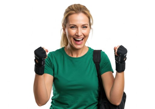 A joyful woman in gym attire celebrates with clenched fists raised, isolated on a transparent background