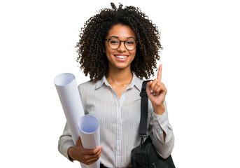 An architect with curly hair and glasses points upwards with an idea, holding blueprints, isolated on white isolated on transparent background