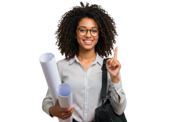 An architect with curly hair and glasses points upwards with an idea, holding blueprints, isolated on white isolated on transparent background