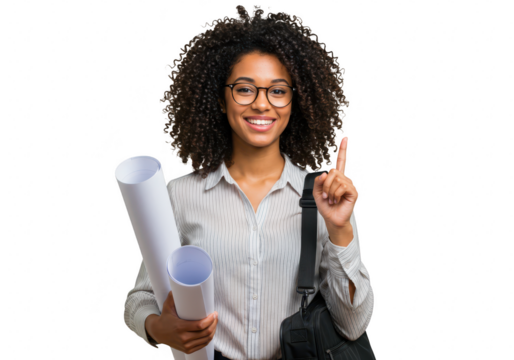 An architect with curly hair and glasses points upwards with an idea, holding blueprints, isolated on white isolated on transparent background