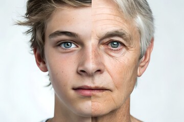 Fototapeta premium Age Transition: A striking visual representation of aging, featuring a split portrait that dramatically contrasts the youthful vibrancy with the seasoned wisdom.
