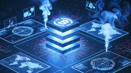 Digital representation of data layers with cryptocurrency symbol, surrounded by global map visuals and analytics - Powered by Adobe