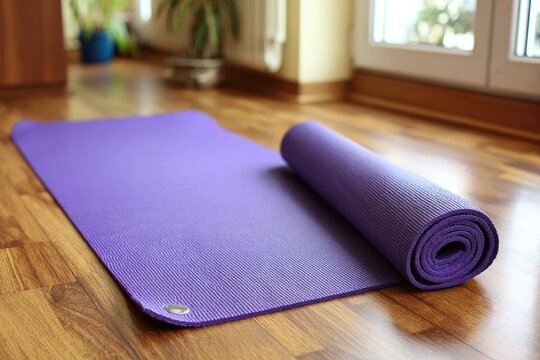 Rolled purple yoga mat on light brown wooden floor