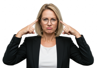 A focused businesswoman with glasses and a blazer points to her temples, looking stressed and determined, isolated on white isolated on transparent background