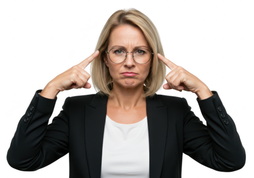 A focused businesswoman with glasses and a blazer points to her temples, looking stressed and determined, isolated on white isolated on transparent background