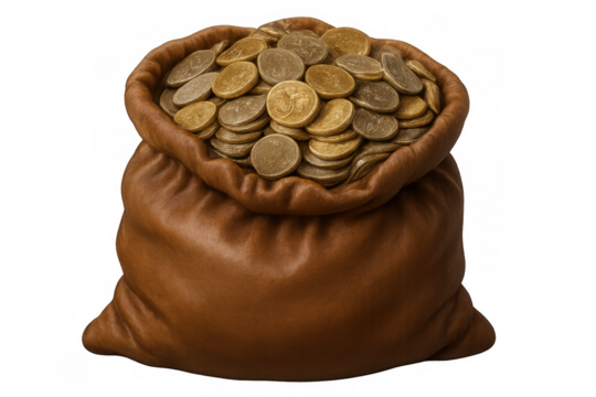 Leather bag brimming with golden coins symbolizing wealth, financial prosperity against transparent backdrop