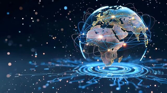 Digital representation of Earth showcasing global connectivity with illuminated continents and data flow