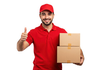 A smiling delivery man in a red uniform and cap gives a thumbs up while holding two cardboard boxes, isolated on transparent background