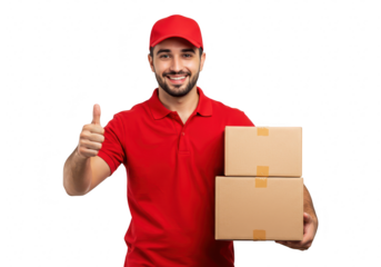 A smiling delivery man in a red uniform and cap gives a thumbs up while holding two cardboard boxes, isolated on transparent background