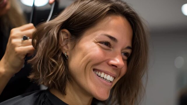 Young female enjoying hair salon experience with a smile and professional service in a stylish setting