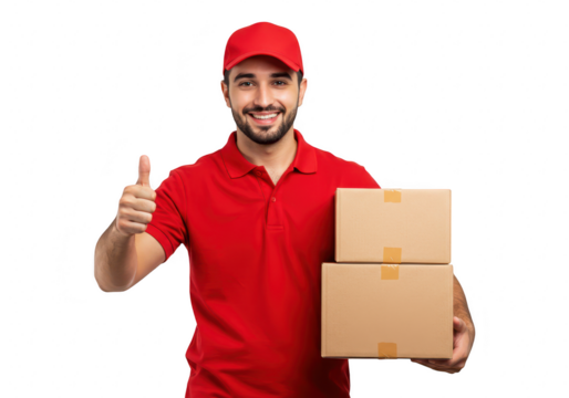 A smiling delivery man in a red uniform and cap gives a thumbs up while holding two cardboard boxes, isolated on transparent background