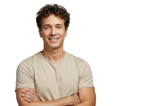 A confident middleaged man with curly hair smiles with his arms crossed, isolated on transparent background - Powered by Adobe