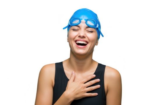 A joyful woman wearing a swim cap and goggles laughs heartily with her hand on her chest, isolated on transparent background
