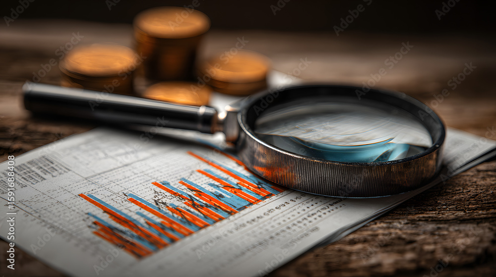 Poster a magnifying glass lies on a graph with a wooden background, highlighting a segment of the data.