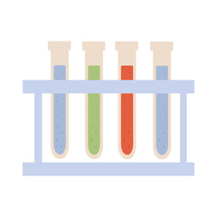 Colorful test tubes in a laboratory stand display various liquid samples under bright lighting. Isolated vector illustration in flat style on white background.