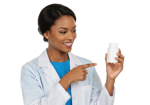 A smiling female doctor in a lab coat holds and points to a white pill bottle isolated on a transparent background