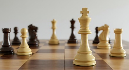 The Uncontested King: A Prominent White Chess King Standing Tall and Central on a Wooden Chessboard, Surrounded by Other Pieces in a Bright, Strategic Setting