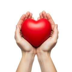 Hands holding a red heart symbol on white background  