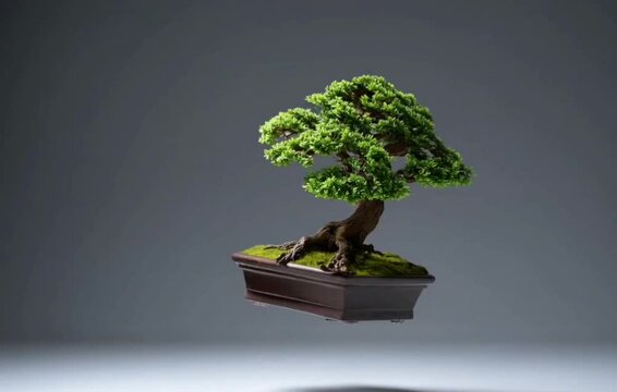 spinning green bonsai tree in air