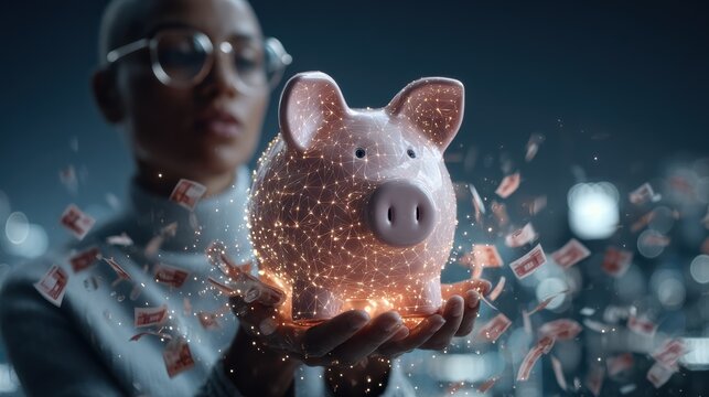 Woman Holding Glowing Piggy Bank with Digital Network and Falling Money, Financial Technology and Savings Concept for Future Investments