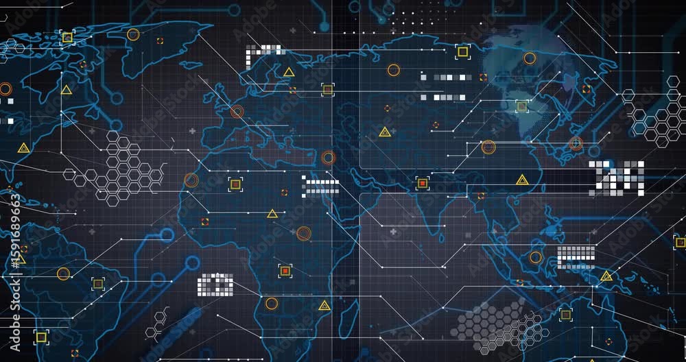 Poster backdrop opening causing neon map lines fading, code markers and hex-clusters animating data links