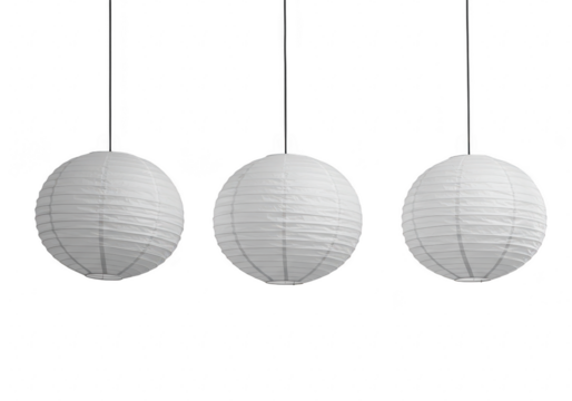 Three white paper lanterns hanging from thin cords, creating a minimalist decor isolated on transparent background