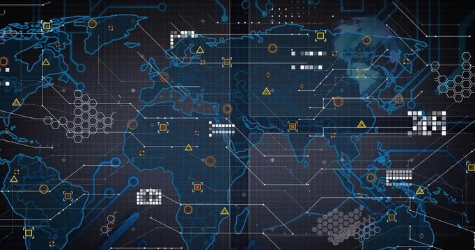 Backdrop opening causing neon map lines fading, code markers and hex-clusters animating data links