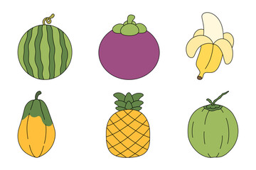 clipart vector illustration set of Watermelon, Mangosteen, Banana, Papaya, Pineapple, Coconut