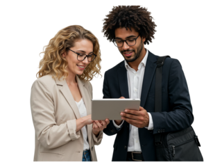 Two business professionals a man and a woman collaborating and looking at a tablet computer together isolated on transparent background