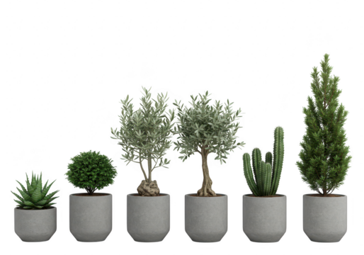 A collection of six potted plants, including succulents, a cactus, and trees, on white isolated on transparent background