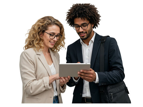 Two business professionals a man and a woman collaborating and looking at a tablet computer together isolated on transparent background