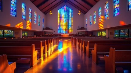Sunlight streams through stained glass in church sanctuary