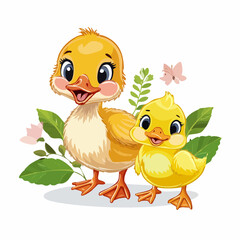 Cheerful Duckling and Chick Vector Set