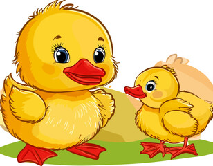 Cheerful Duckling and Chick Vector Set