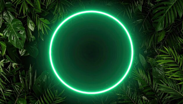 Neon green circle framed by lush green foliage