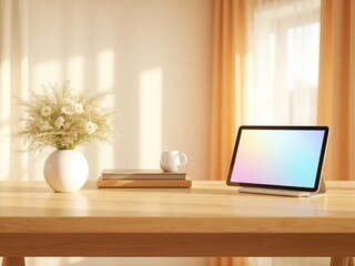 Fototapeta premium Warm and serene ambiance showcasing a tablet, flowers, books, and a mug on a wooden desk by window light