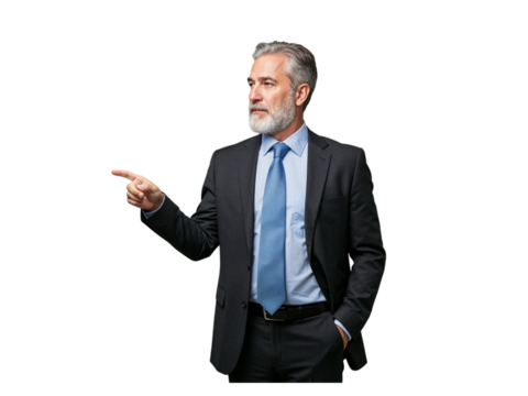 Mature businessman with grey beard and suit pointing to the left with his index finger isolated on transparent background