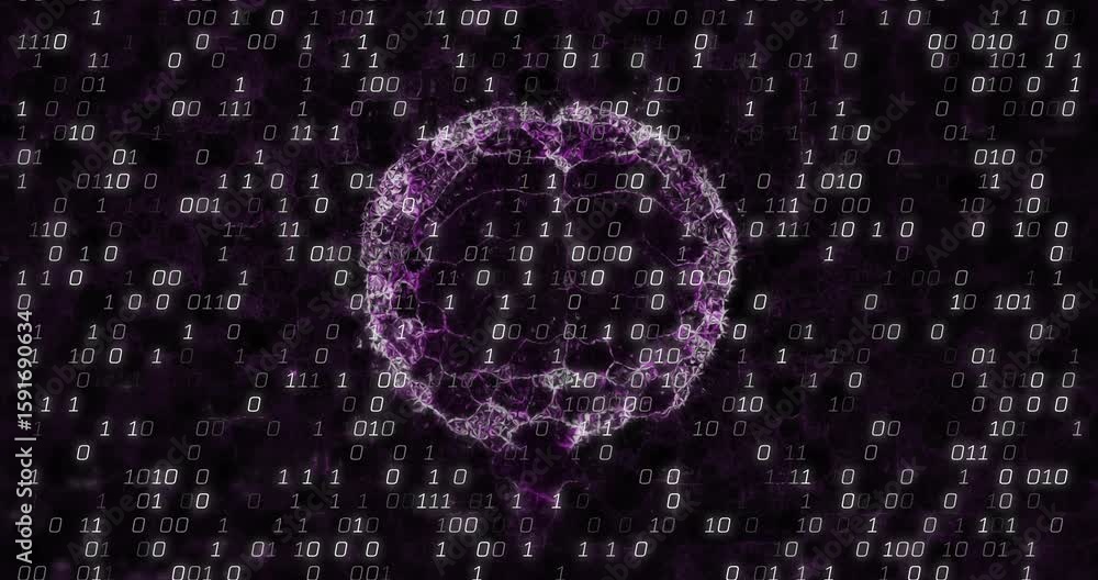 Poster floating bits drifting in void visualizing data rain, clustering into pulsing purple brain network