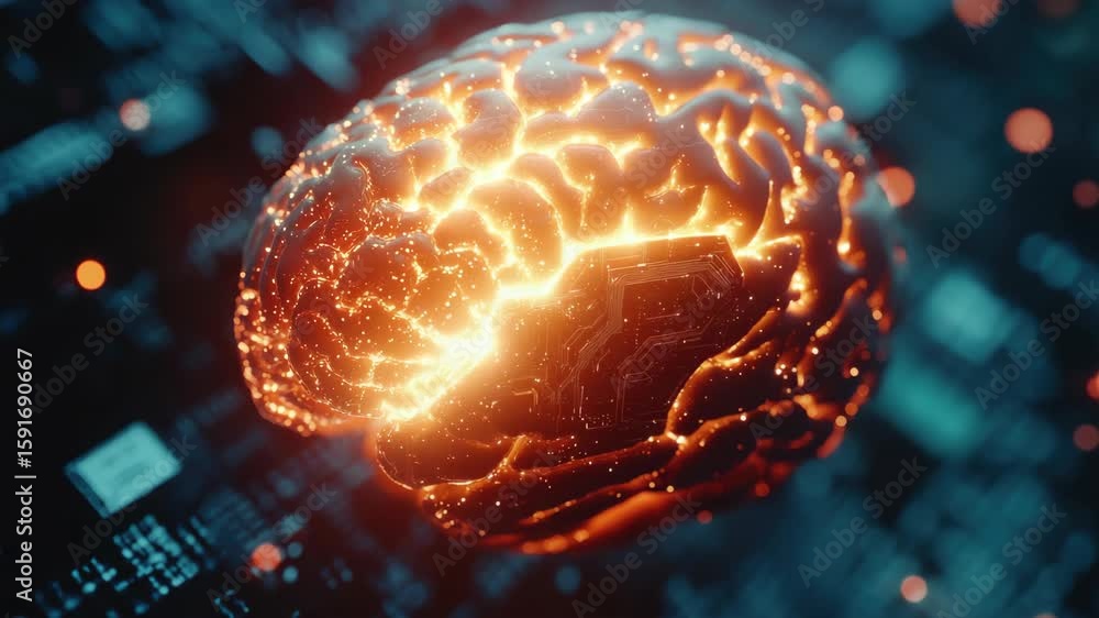 Poster glowing brain on circuit board with red emanating sparks.